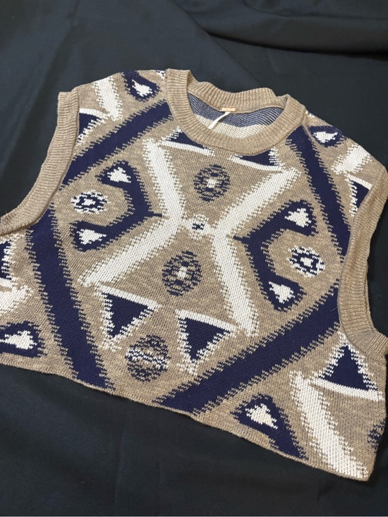 Free People Sweaters - Free People Geo Knit Sleeveless Vest in Tan, Navy & Cream